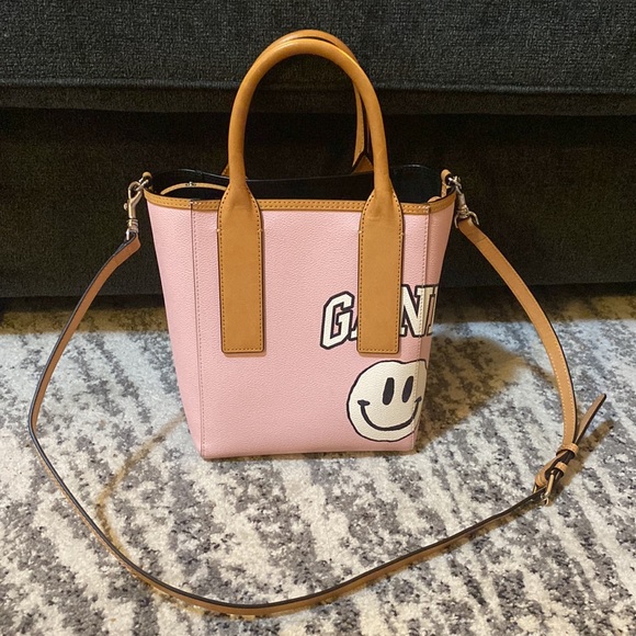 Ganni Women's Pink Smiley Face Print Small Tote Bag - Picture 3 of 9